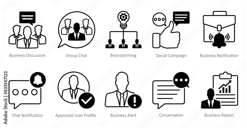 A set of 10 seo icons as business discussion, group chat, brainstorming A set of 10 seo icons as business discussion, group chat, brainstorming