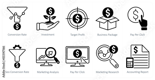 A set of 10 seo icons as conversion rate, investment, target profit