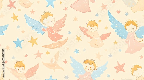 Seamless pattern of hand-drawn pastel-colored comic bee characters buzzing around with cheerful expressions and whimsical wings