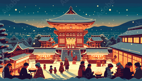 Concept of Kyoto in winter with snow. Vector illustration.