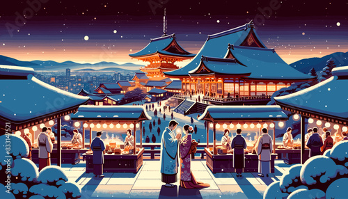 Concept of Kyoto in winter with snow. Vector illustration.