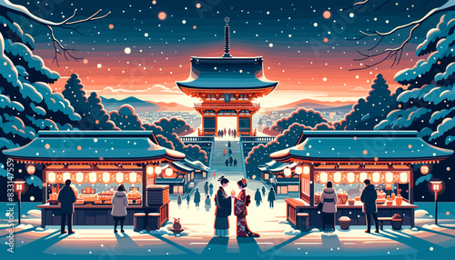 Concept of Kyoto in winter with snow. Vector illustration. photo