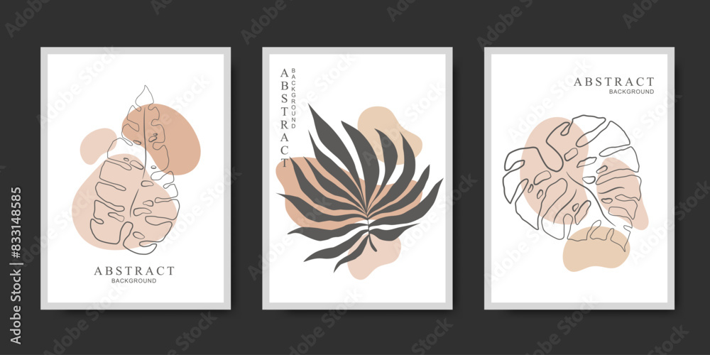 Vector card templates collection with hand drawn tropical leaves and abstract shapes isolated on black background. Modern trendy illustration design for poster print, card, banner