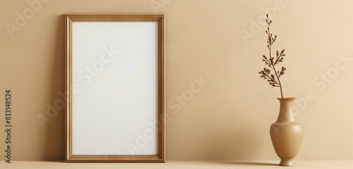Streamlined corridor gallery with a compact portrait blank frame on a beige wall, wider perspective.