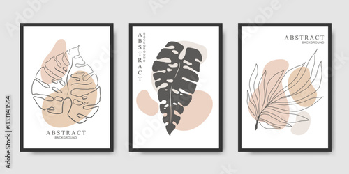 Vector card templates collection with hand drawn tropical leaves and abstract shapes isolated on grey background. Modern trendy illustration design for poster print  card  banner