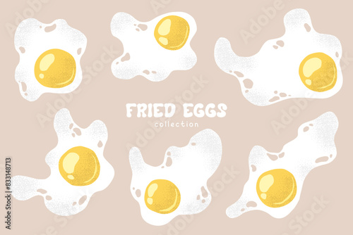 Vector illustrations set with hand drawn abstract fried eggs isolated on light background. Food design templates for card or poster print, t-shirt printing, menu