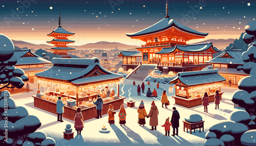 Concept of Kyoto in winter with snow. Vector illustration.