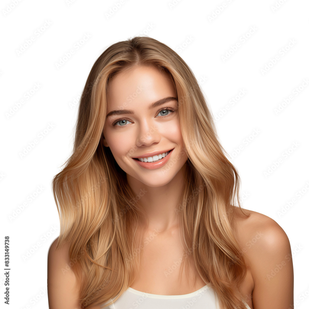 Smiling blonde woman close up. Fashion, cosmetics and makeup concept, isolated on transparent background Smiling blonde woman close up. Fashion, cosmetics and makeup concept, isolated on transparent background