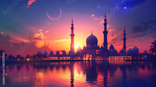 Ramadan Kareem Islamic or Eid Mubarak greeting card background concept of Hajj photo