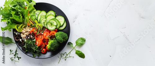 A top-down view of a fresh, colorful vegetable salad in a black bowl on a white marble surface. Healthy eating concept with mixed greens and veggies. photo