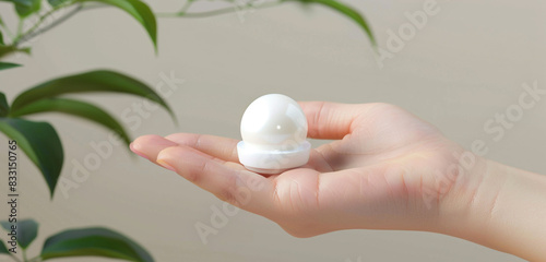 Refined display of a feminine hand with a miniature elegant pearl white cream container. photo