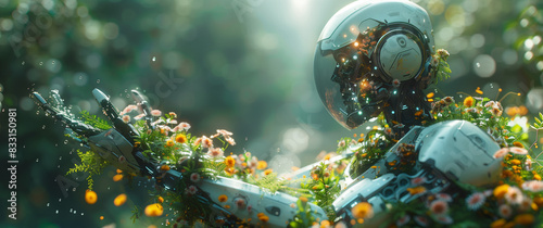 Futuristic robot surrounded by blooming flowers, illustrating the harmony between technology and nature in a serene, vibrant garden setting.