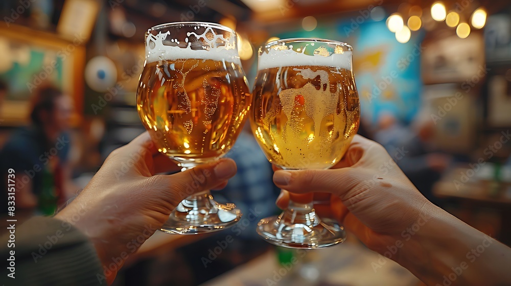 Close-up view of creative professionals clinking glasses of craft beer in a lively studio environment. Close-up view of creative professionals clinking glasses of craft beer in a lively studio environment.