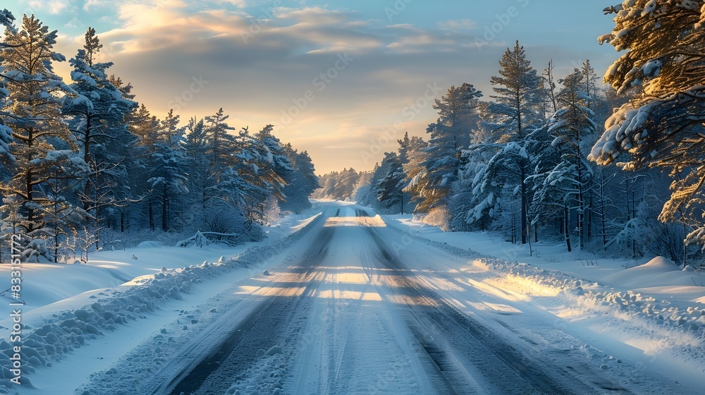 Scenic Snowy Pine Forest Road with Beautiful Winter Landscape Scenic Snowy Pine Forest Road with Beautiful Winter Landscape