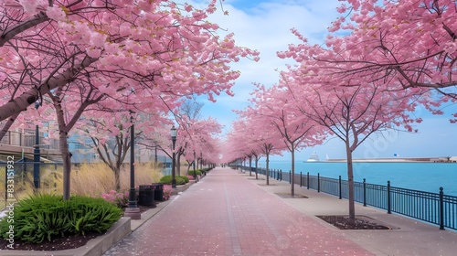 Stunning Cherry Blossom Path Along Navy Pier Waterfront with Serene Cityscape Backdrop photo