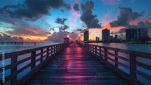 Tranquil Sunset over Miami Pier Boardwalk with Stunning Cityscape Reflection