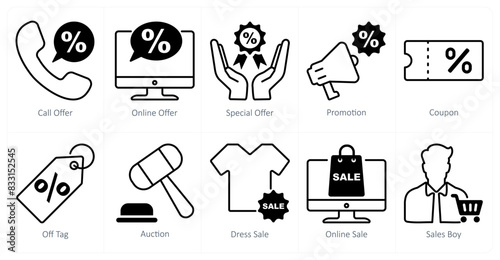 A set of 10 shopping icons as call offer, online offer, special offer