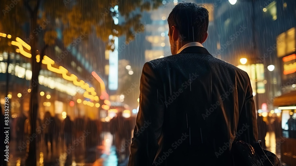 A man in a suit walking in a rainy city street at night, illuminated by street lights and city lights, with blurred buildings in the background. A man in a suit walking in a rainy city street at night, illuminated by street lights and city lights, with blurred buildings in the background.