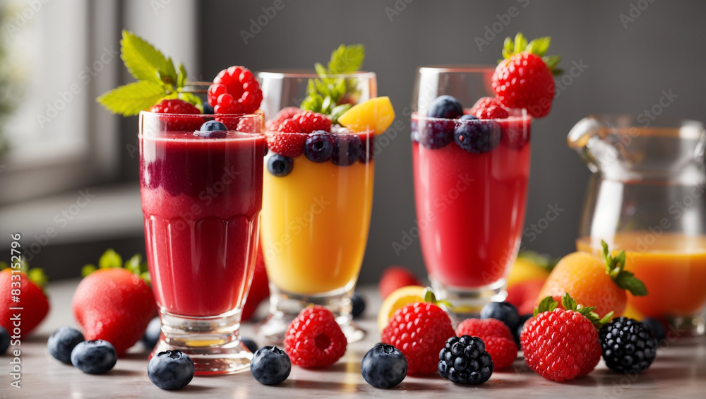 Three glasses of fruit juice with fresh berries on a table.
Three glasses of fruit juice with fresh berries on a table.