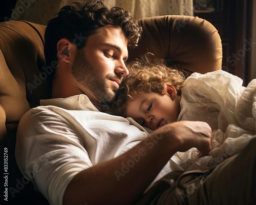 A loving father and daughter sleeping together on a cozy chair, capturing a moment of warmth and affection. Perfect for family themes.