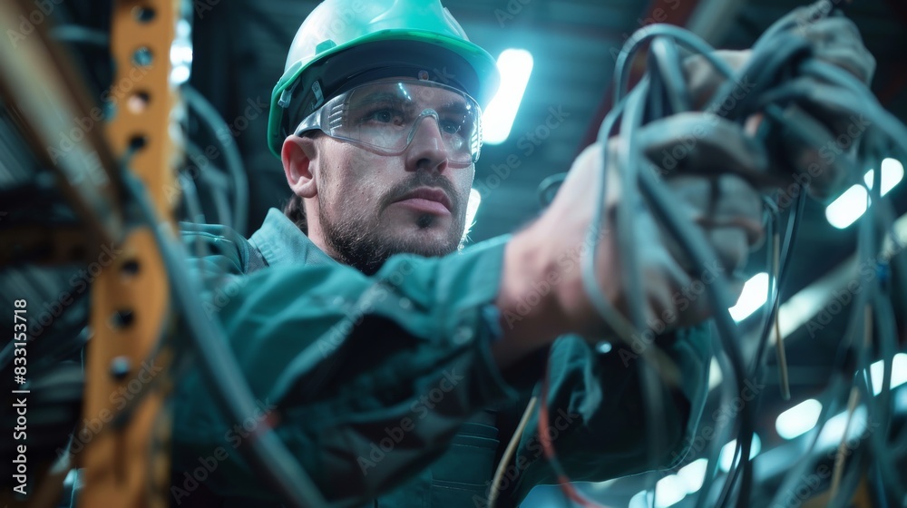 A close-up of a concentrated male electrician working on a complex array of cables in an industrial setting A close-up of a concentrated male electrician working on a complex array of cables in an industrial setting