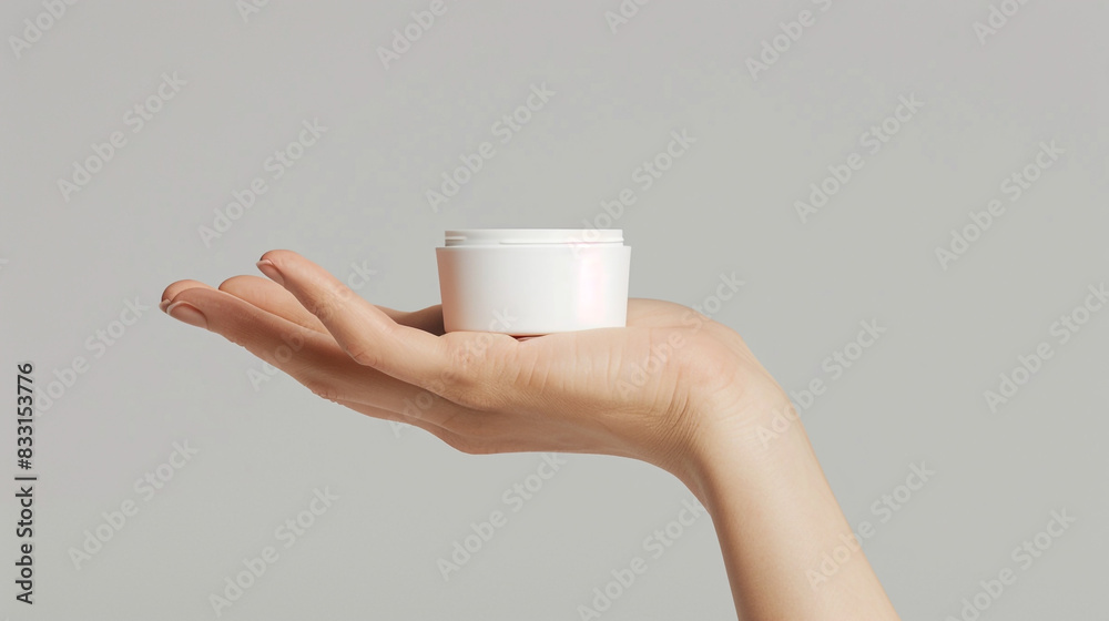 Clean and simple design of an almond white cream mockup in a woman's hand. Clean and simple design of an almond white cream mockup in a woman's hand.