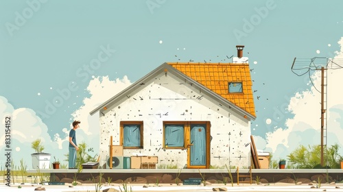 Cartoon Vector A refugee man rebuilding his home using salvaged materials, representing the determination to rebuild life after displacement. Generative AI photo