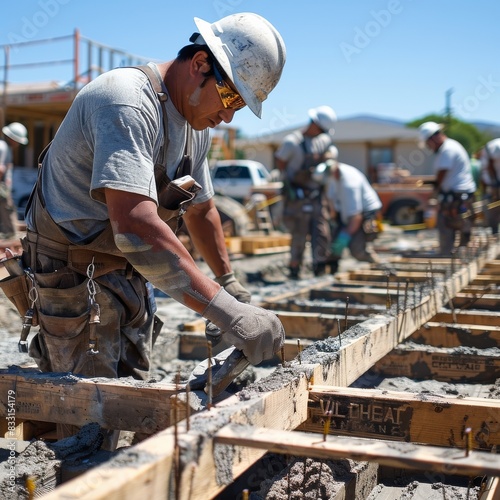 A construction worker is focused on pouring concrete into wooden forms, surrounded by other workers and construction materials © Vuk