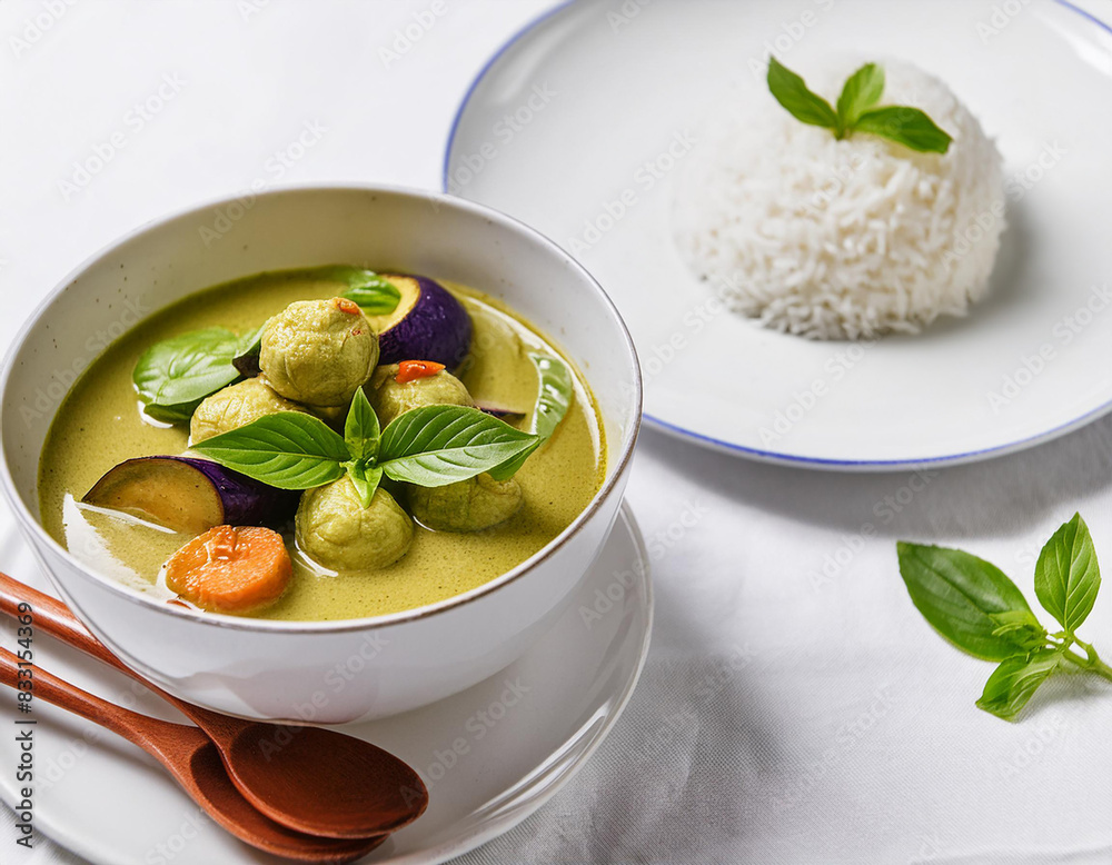 Top view of Thai traditional spicy green curry with fish balls in white ceramic bowl with streamed rice and wooden spoon on silk fabric background. Top view of Thai traditional spicy green curry with fish balls in white ceramic bowl with streamed rice and wooden spoon on silk fabric background.
