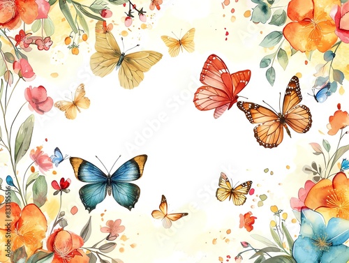 Watercolor illustration of colorful butterflies flying around flowers on a white background.