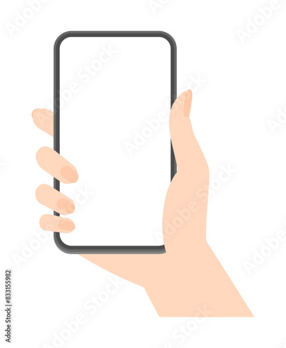 スマートフォンを持っている女性の手 - 画面が白または透過フレームのスマホのデザイン素材