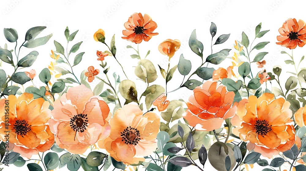 Watercolor floral border with orange flowers and green leaves on white ...