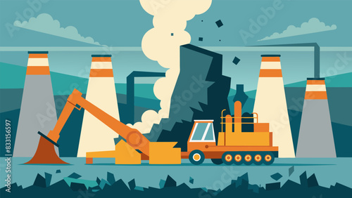 Heavy demolition equipment tears apart the exterior of the coal power plant exposing its inner workings.. Vector illustration