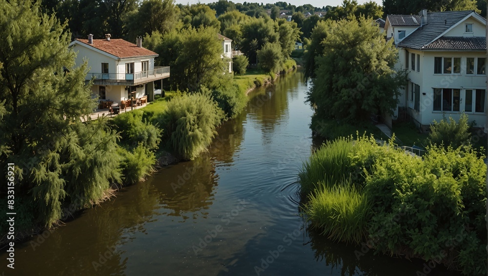 Serene Riverside Homes Surrounded by Lush Greenery and Reflecting on a Tranquil Summer Day Serene Riverside Homes Surrounded by Lush Greenery and Reflecting on a Tranquil Summer Day