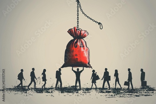 People trying to retrieve red money bag from trap, minimalist design, light backdrop, financial risk