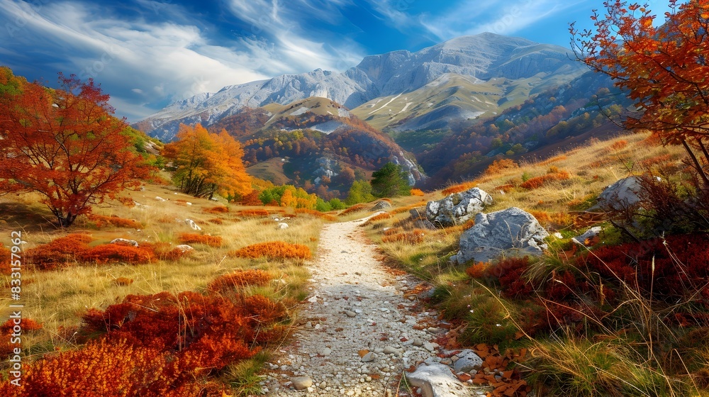 Serene Mountain Trail Through Vibrant Autumn Landscape with Breathtaking Scenery
