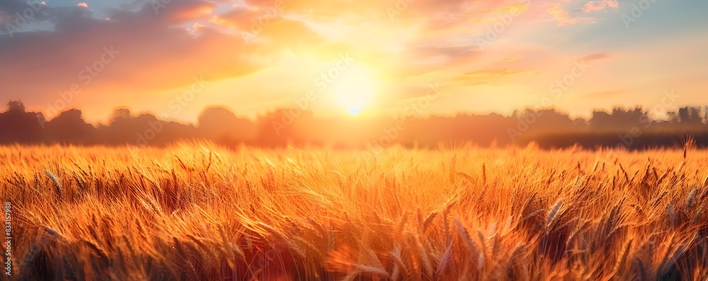 Obraz premium Breathtaking Autumn Sunset Over Golden Wheat Field Tranquil Rural Landscape Scenery