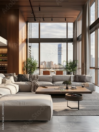 Modern living room interior in a penthouse with huge windows. Designed using generative ai.