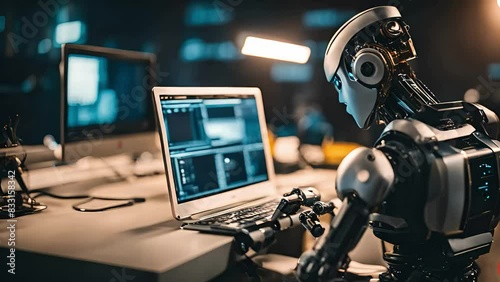 Neon Noir: A Robotic Figure Engages with a Computer Terminal in a Dystopian Futuristic