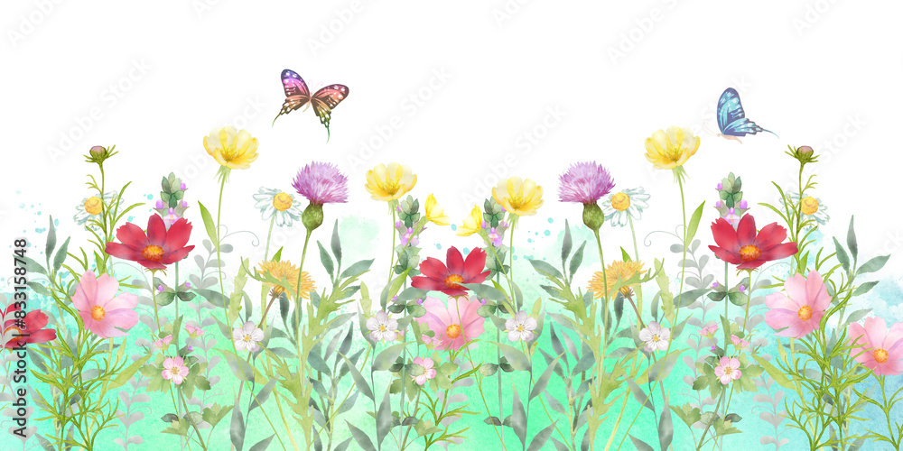 いろいろな花の花畑と蝶々の水彩画 水彩テクスチャ背景 いろいろな花の花畑と蝶々の水彩画 水彩テクスチャ背景