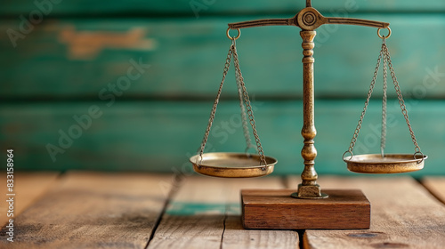 Close-up of a vintage brass balance scale on a wooden table with a rustic turquoise background. Symbol of justice, equality, and law.