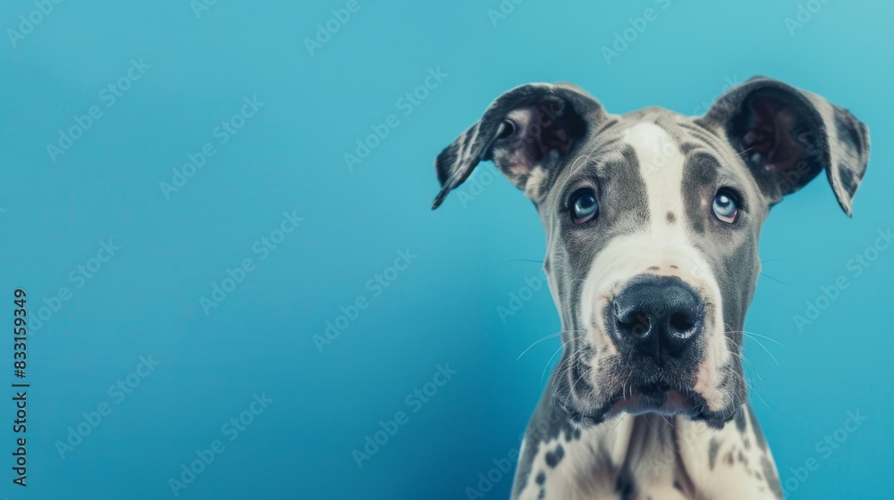A close-up of a grey and white dog against a blue background. A close-up of a grey and white dog against a blue background.