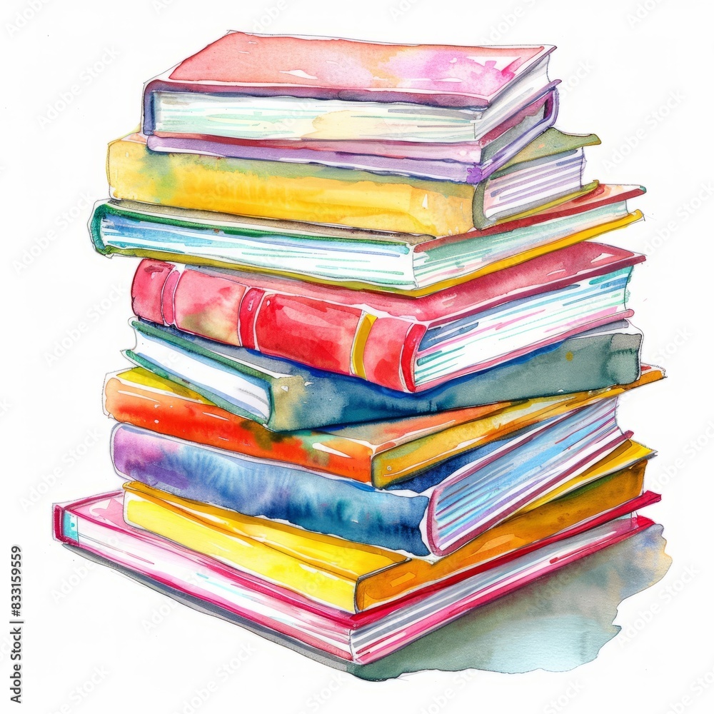 Watercolor painting of a stack of square art books with colorful covers, showcasing different artistic styles and techniques, on isolated, Generative AI Watercolor painting of a stack of square art books with colorful covers, showcasing different artistic styles and techniques, on isolated, Generative AI