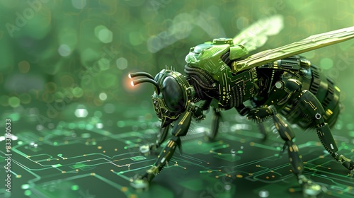 Futuristic robotic bee on a circuit board, blending nature and technology in a green, luminescent environment. © auc