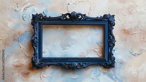 Soft background beige retro wallpaper with a small ornate indigo frame. photo