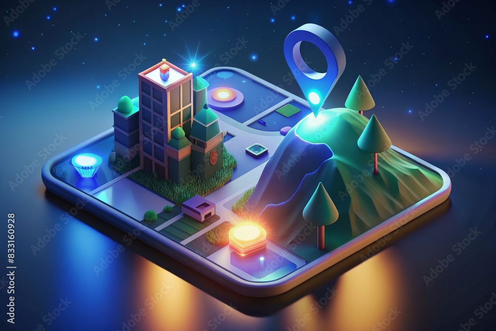 custom made wallpaper toronto digital3D illustration of a futuristic urban landscape with glowing location pinpoint and buildings on a virtual map.