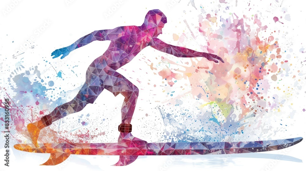 A man is surfing on a colorful surfboard with splashes of paint A man is surfing on a colorful surfboard with splashes of paint