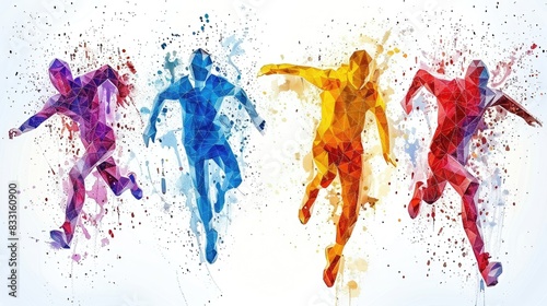 A group of people are running in a colorful, abstract style