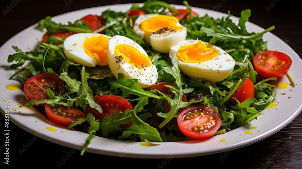 A fresh salad with tomatoes, greens, and boiled eggs, A fresh salad with tomatoes, greens, and boiled eggs,