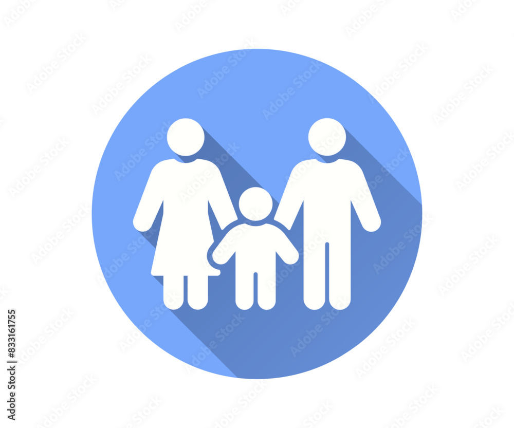 Family icon, vector flat design with long shadow. Illustrates a trio of figures, a mother, father, and child, hand-in-hand, set inside a blue circle. Family icon, vector flat design with long shadow. Illustrates a trio of figures, a mother, father, and child, hand-in-hand, set inside a blue circle.